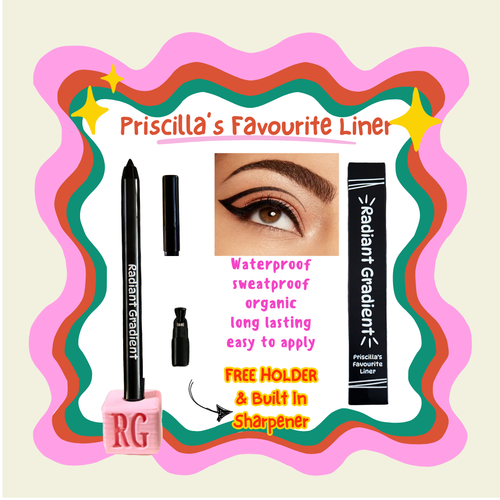 Priscilla's Favourite Liner Pitch Black Waterproof Organic Long Lasting Sweatproof with Free Sharpener