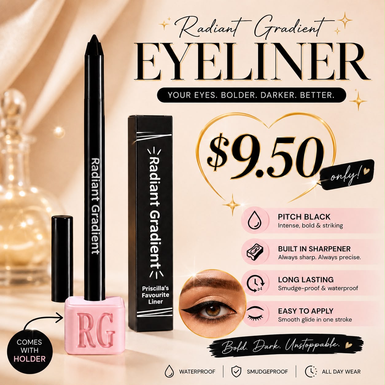 Priscilla's Favourite Liner Pitch Black Waterproof Organic Long Lasting Sweatproof with Free Sharpener